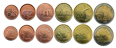 Azerbaijan Unc Full Set Of 6 Coins, 1 3 5 10 20 50 Qapik 2006 (50 Qapik Bimetal)