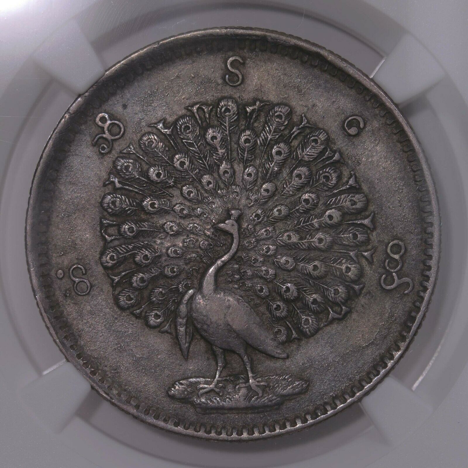 Cs1214 1852 Burma Kyat Ngc Certified Au50 Lettering Around Peacock Original Coin